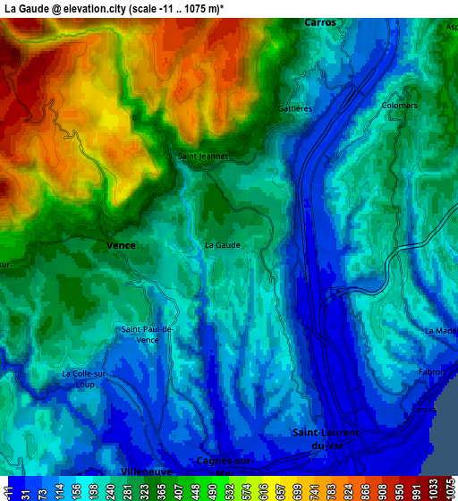 Zoom OUT 2x La Gaude, France elevation map