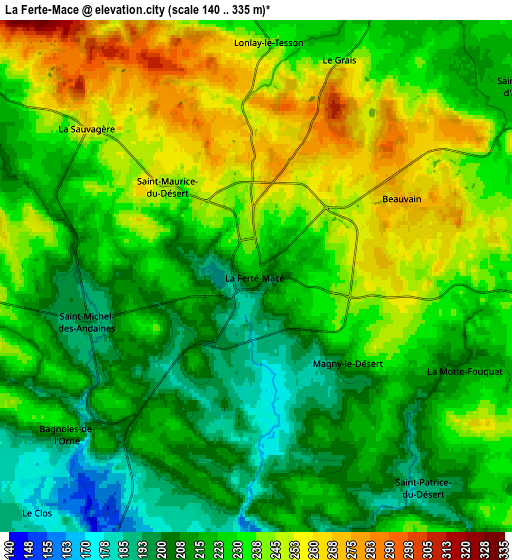 Zoom OUT 2x La Ferté-Macé, France elevation map