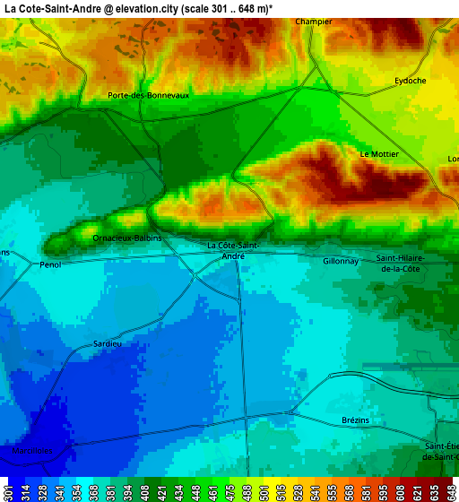 Zoom OUT 2x La Côte-Saint-André, France elevation map