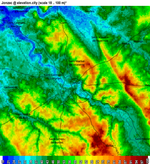 Zoom OUT 2x Jonzac, France elevation map