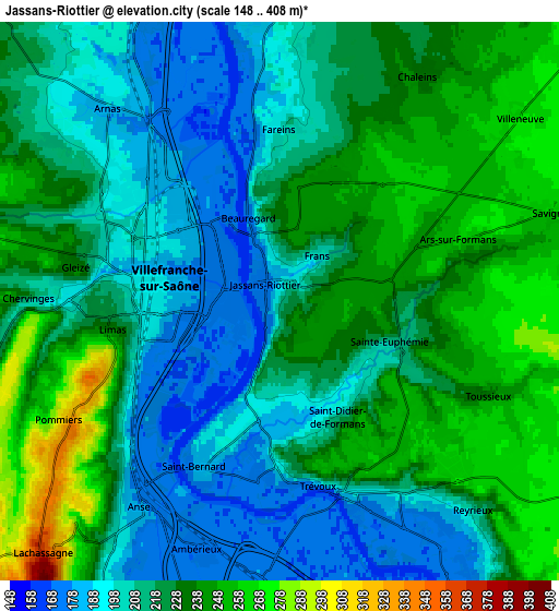 Zoom OUT 2x Jassans-Riottier, France elevation map