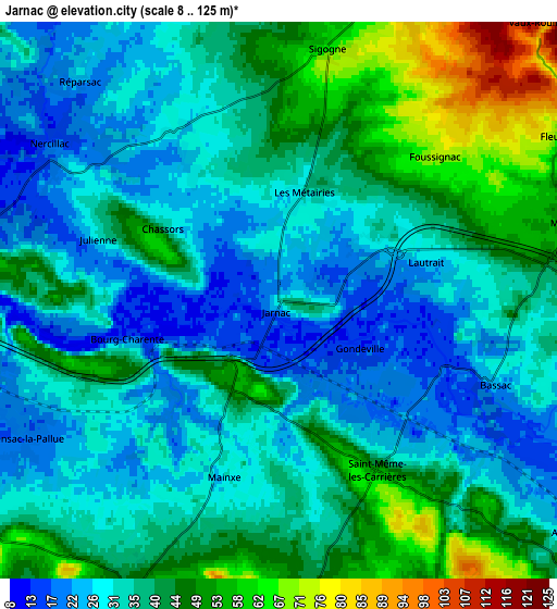 Zoom OUT 2x Jarnac, France elevation map