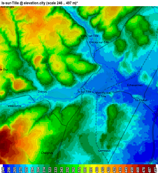 Zoom OUT 2x Is-sur-Tille, France elevation map