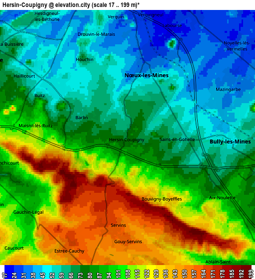 Zoom OUT 2x Hersin-Coupigny, France elevation map