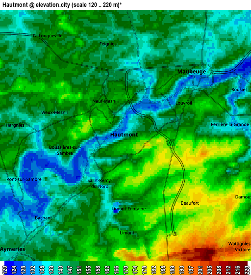 Zoom OUT 2x Hautmont, France elevation map