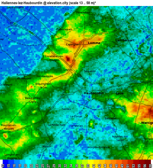 Zoom OUT 2x Hallennes-lez-Haubourdin, France elevation map