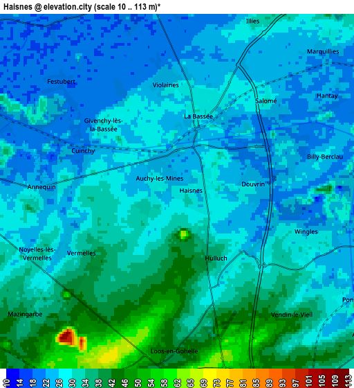 Zoom OUT 2x Haisnes, France elevation map