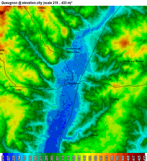 Zoom OUT 2x Gueugnon, France elevation map