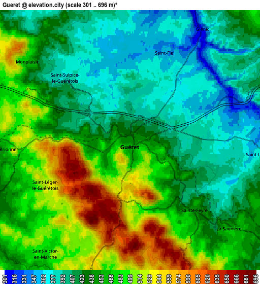 Zoom OUT 2x Guéret, France elevation map