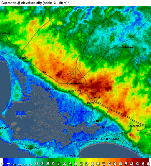 Zoom OUT 2x Guérande, France elevation map