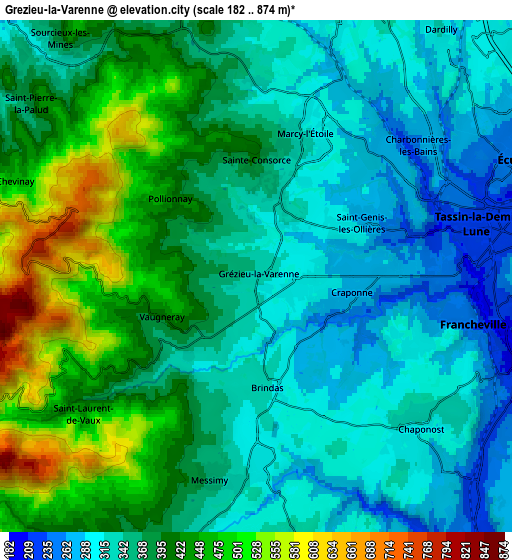 Zoom OUT 2x Grézieu-la-Varenne, France elevation map