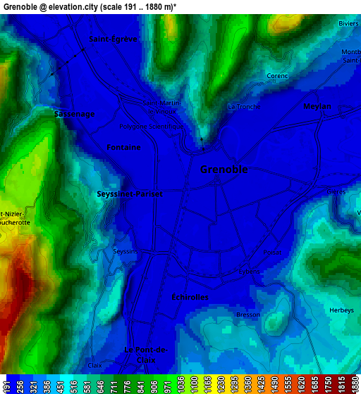 Zoom OUT 2x Grenoble, France elevation map