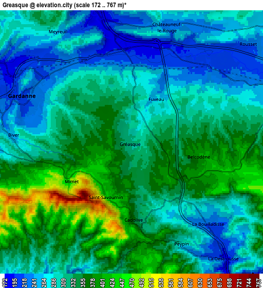 Zoom OUT 2x Gréasque, France elevation map