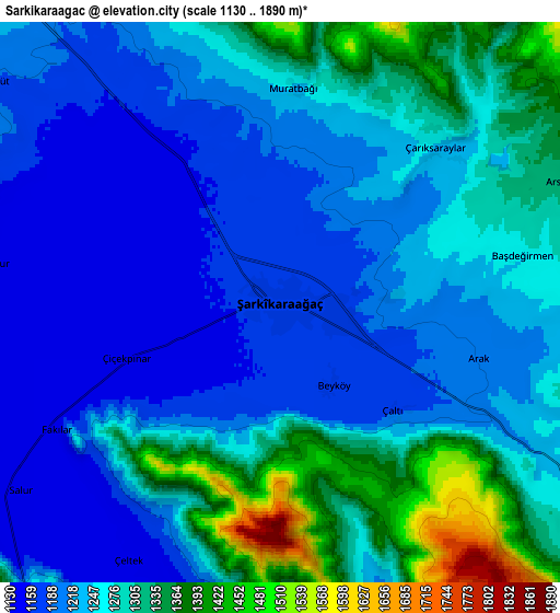 Zoom OUT 2x Şarkîkaraağaç, Turkey elevation map