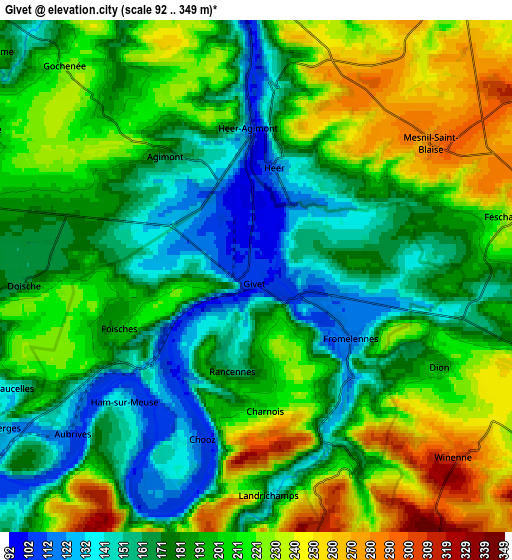 Zoom OUT 2x Givet, France elevation map