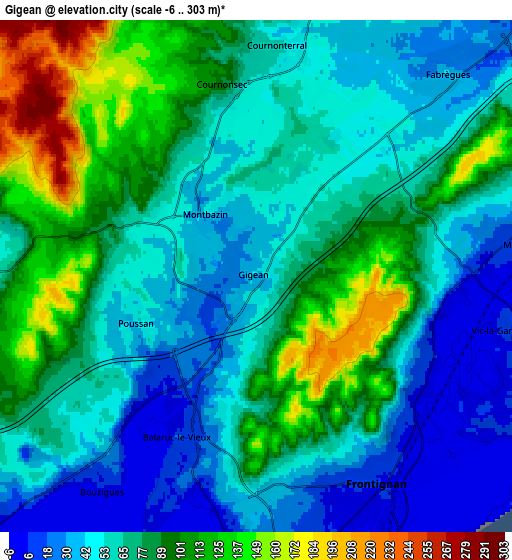 Zoom OUT 2x Gigean, France elevation map