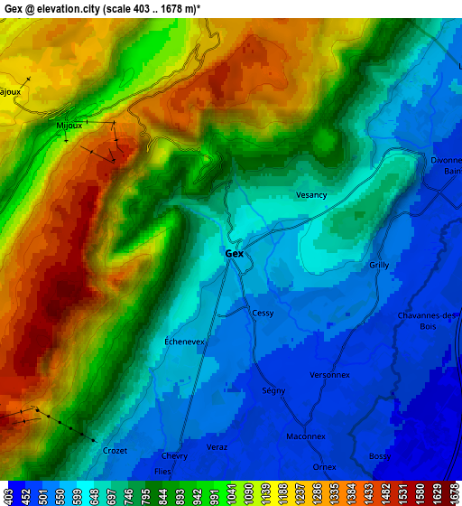 Zoom OUT 2x Gex, France elevation map