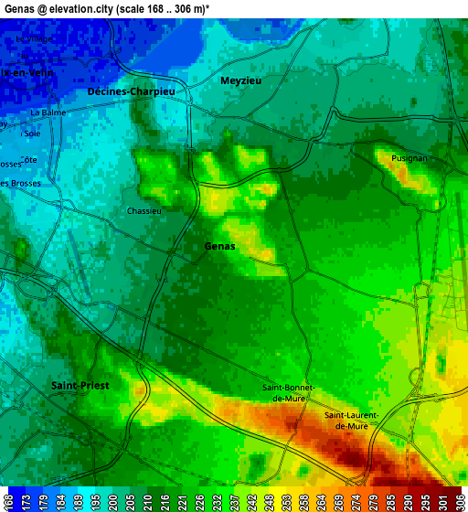 Zoom OUT 2x Genas, France elevation map