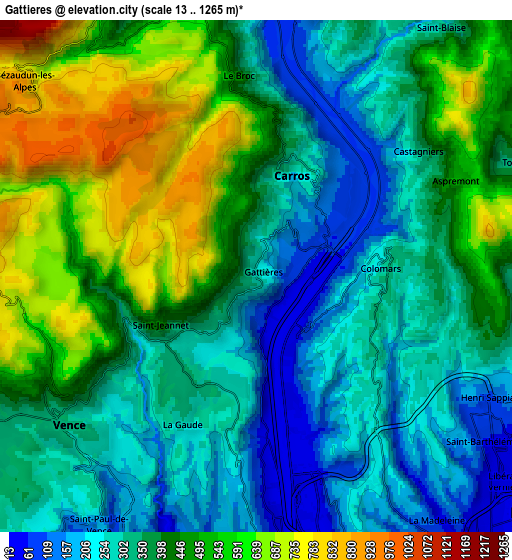 Zoom OUT 2x Gattières, France elevation map