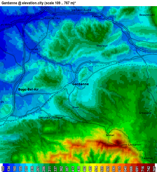 Zoom OUT 2x Gardanne, France elevation map