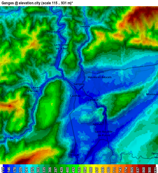 Zoom OUT 2x Ganges, France elevation map