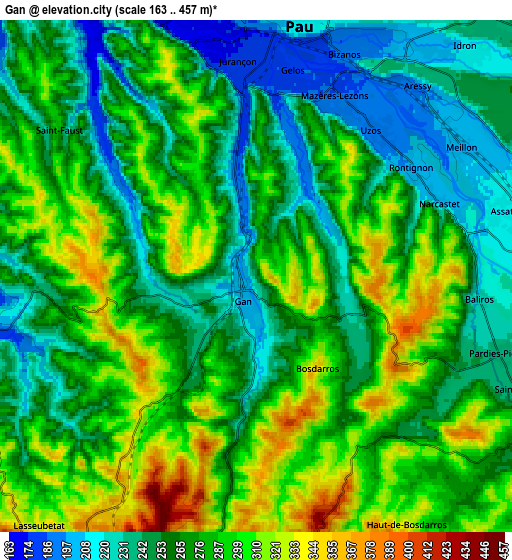 Zoom OUT 2x Gan, France elevation map