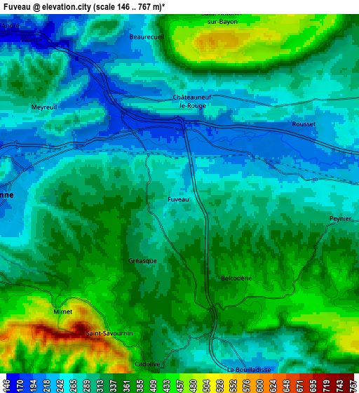 Zoom OUT 2x Fuveau, France elevation map