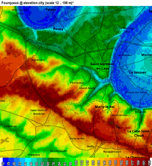 Zoom OUT 2x Fourqueux, France elevation map