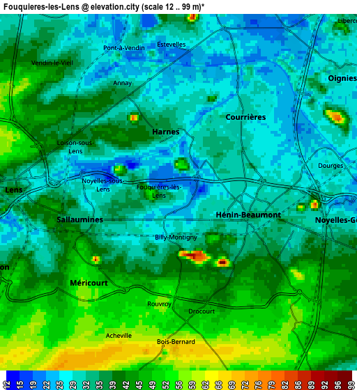 Zoom OUT 2x Fouquières-lès-Lens, France elevation map