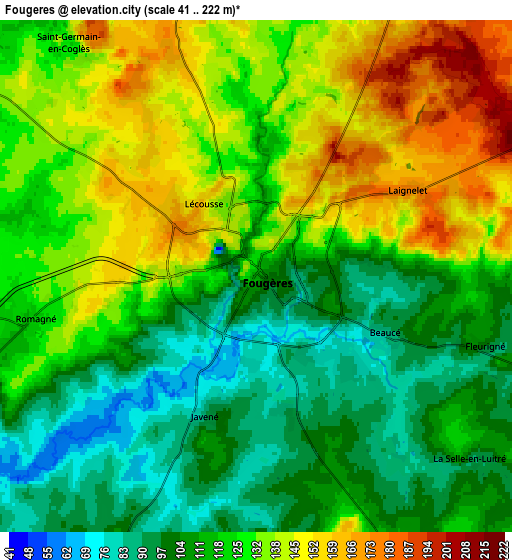 Zoom OUT 2x Fougères, France elevation map