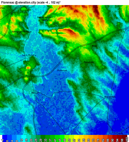 Zoom OUT 2x Florensac, France elevation map