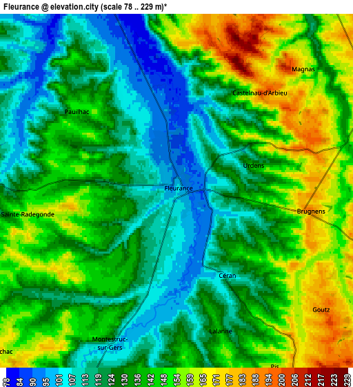 Zoom OUT 2x Fleurance, France elevation map