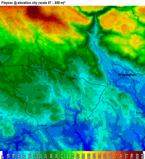 Zoom OUT 2x Flayosc, France elevation map