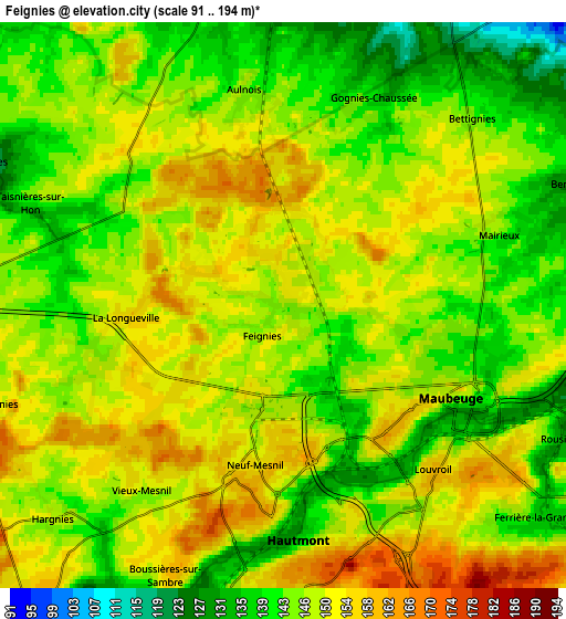 Zoom OUT 2x Feignies, France elevation map