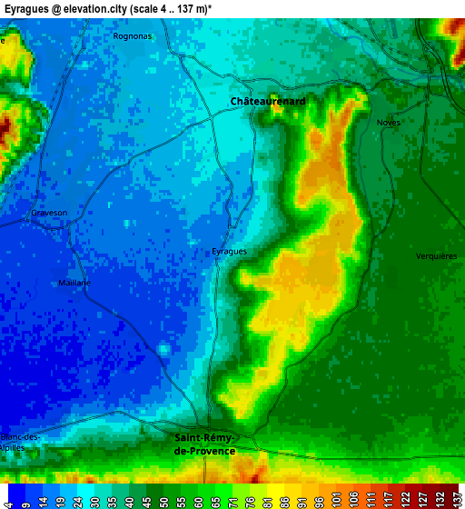 Zoom OUT 2x Eyragues, France elevation map