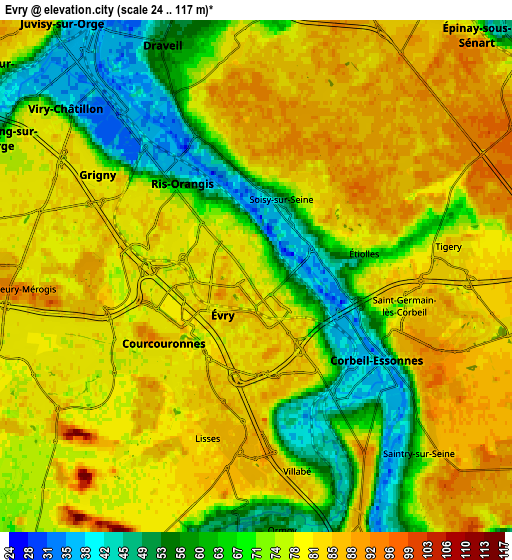 Zoom OUT 2x Évry, France elevation map
