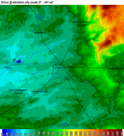 Zoom OUT 2x Évron, France elevation map