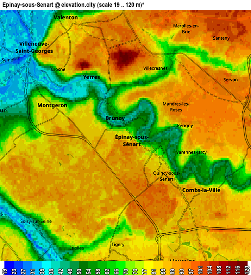 Zoom OUT 2x Épinay-sous-Sénart, France elevation map