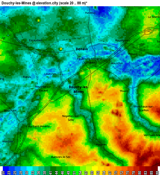 Zoom OUT 2x Douchy-les-Mines, France elevation map