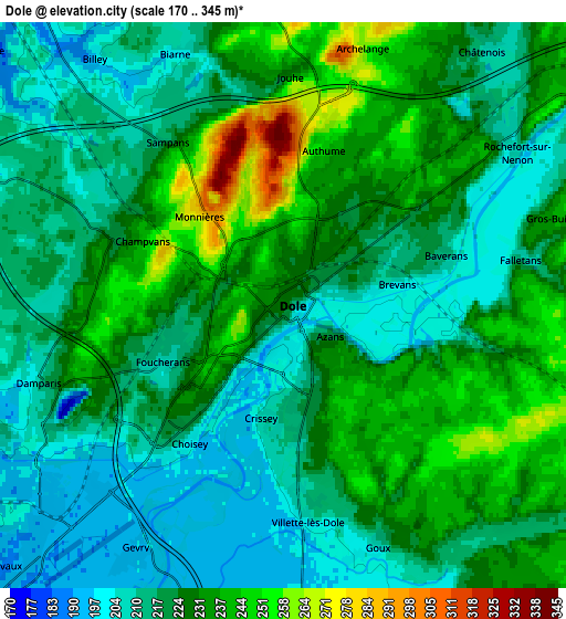 Zoom OUT 2x Dole, France elevation map