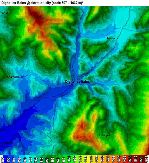 Zoom OUT 2x Digne-les-Bains, France elevation map