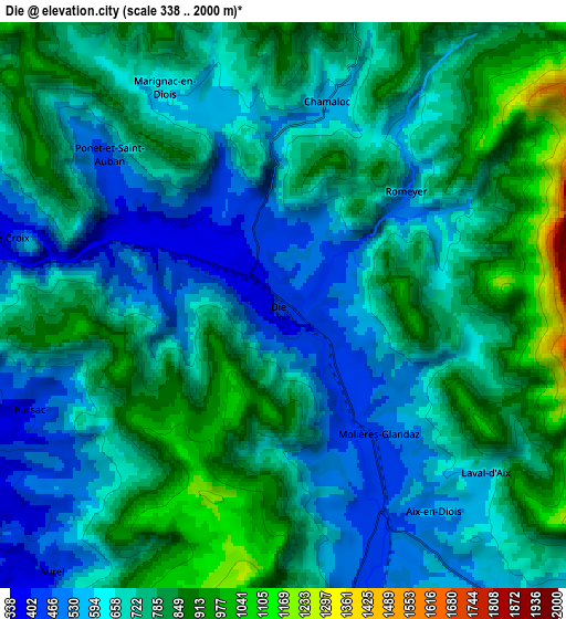 Zoom OUT 2x Die, France elevation map