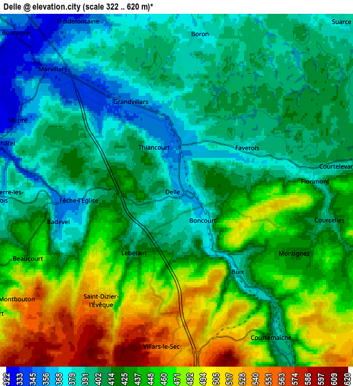 Zoom OUT 2x Delle, France elevation map