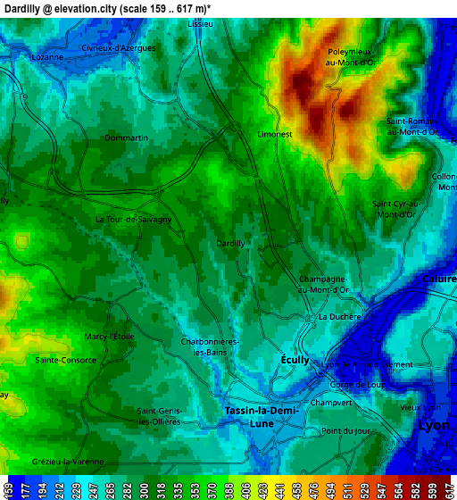 Zoom OUT 2x Dardilly, France elevation map