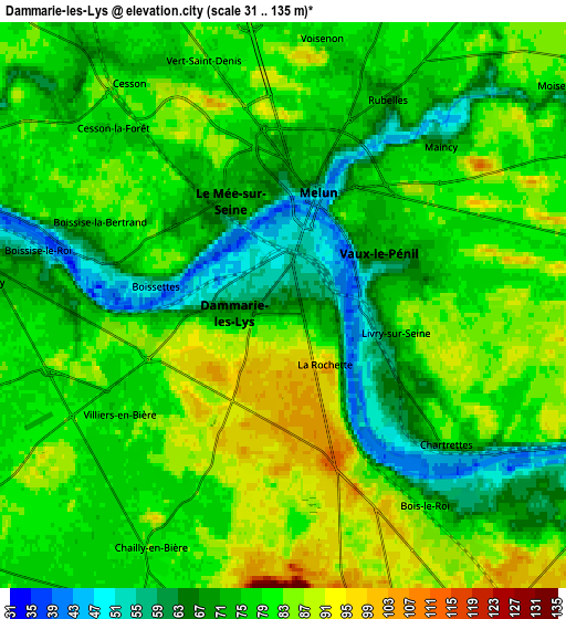 Zoom OUT 2x Dammarie-les-Lys, France elevation map