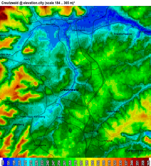 Zoom OUT 2x Creutzwald, France elevation map