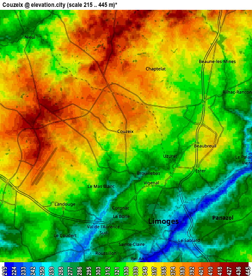 Zoom OUT 2x Couzeix, France elevation map