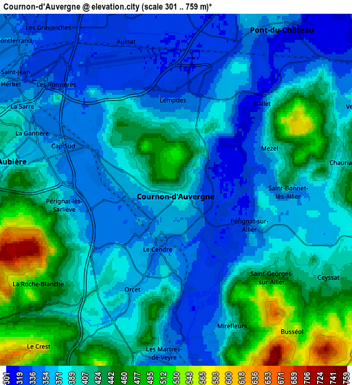 Zoom OUT 2x Cournon-d’Auvergne, France elevation map