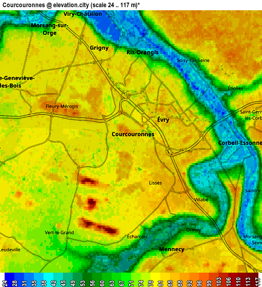 Zoom OUT 2x Courcouronnes, France elevation map