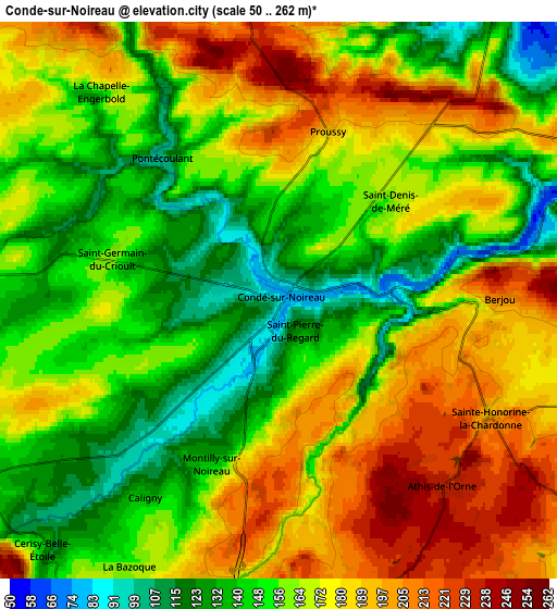 Zoom OUT 2x Condé-sur-Noireau, France elevation map